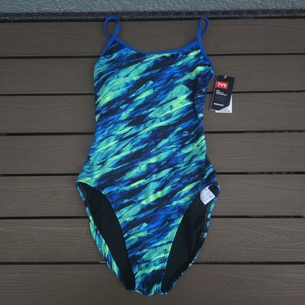 TYR Women's Durafast Elite Green/blue Vitric Trinityfit 1 Piece Swim Sz 34 New
